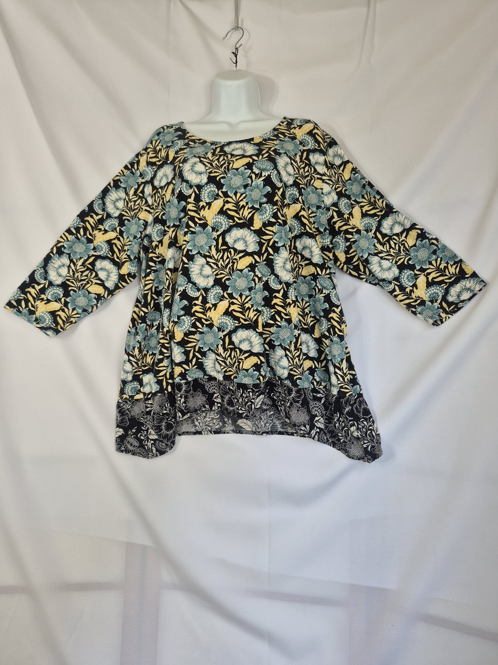 J. Jill Black Floral Top 3/4 Sleeve with Yellow and Teal Flowers